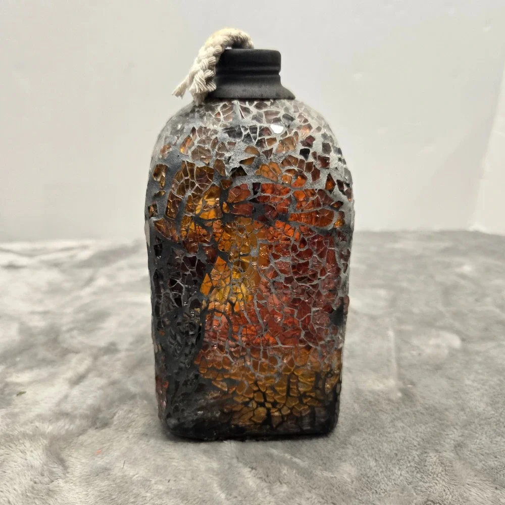 Mosaic Glass Oil Lamp Amber Orange Crackle Glass Decorative Bottle‎ with Wick
